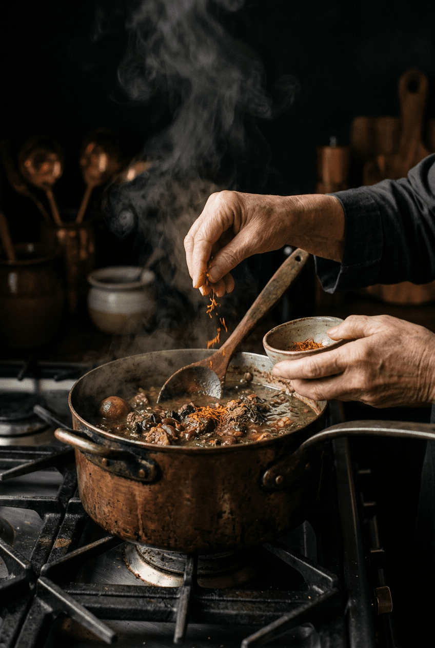 Hands stirring a slow-cooking copper pot in the Homali kitchen