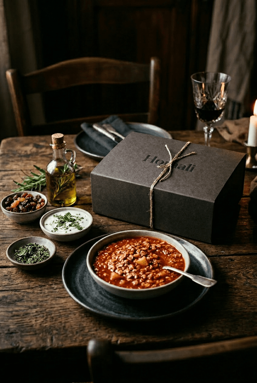 A Homali box on a rustic table beside bowls of slow-cooked food
