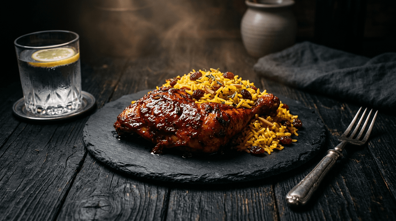 A Homali dish served on slate beside a glass, ready for the table